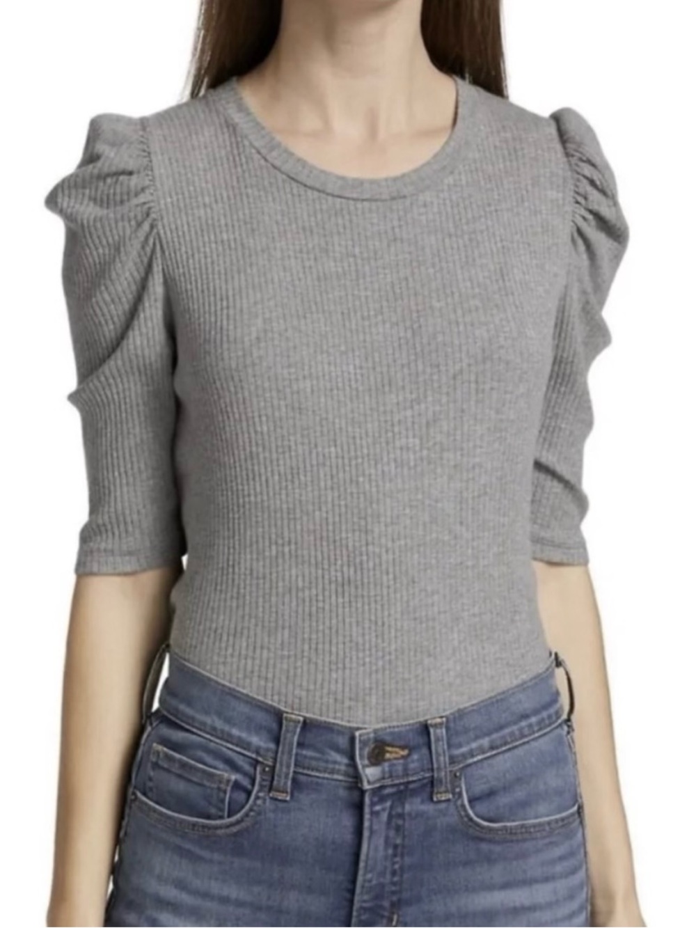 Veronica Beard Dansby Ribbed Ruched Sleeve Top Gray Modal Small - Picture 1 of 9